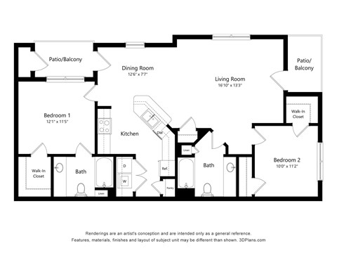 Floor plan for 2 beds, 2 baths, 1178 sqft